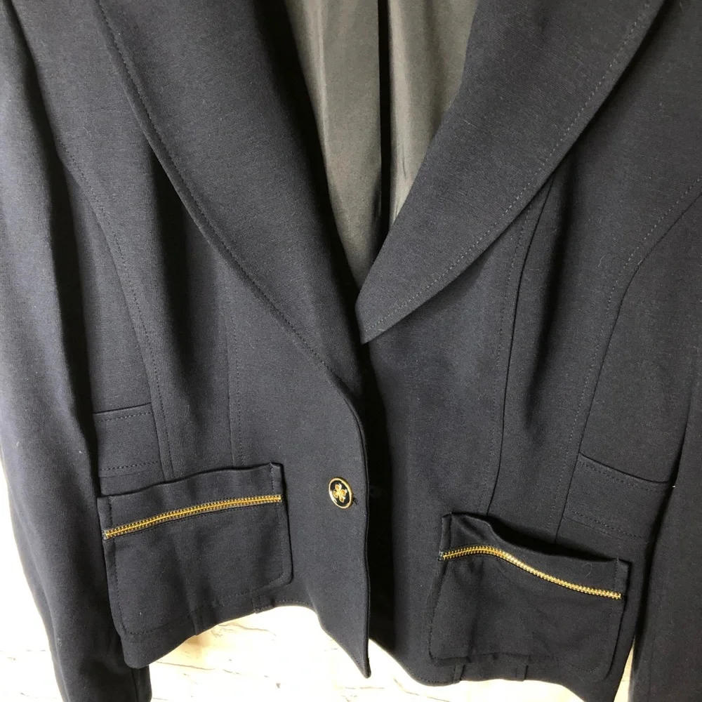 CACHE Knit Blazer Jacket Gold Zipper Navy Size 10